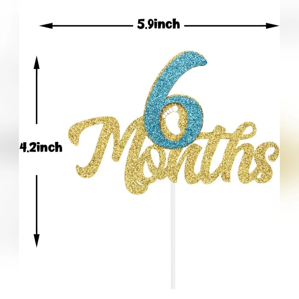 Gold Glitter 6 Months Cake Topper - Half Year Cake Topper, 1/2 Birthday Cake Top